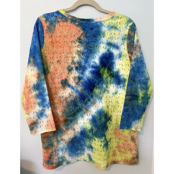LOGO QVC Knit Eyelet Tie-Dye Top Wild Lime Size M 3/4 Sleeve Stretchy Tee - New - Picture 4 of 11